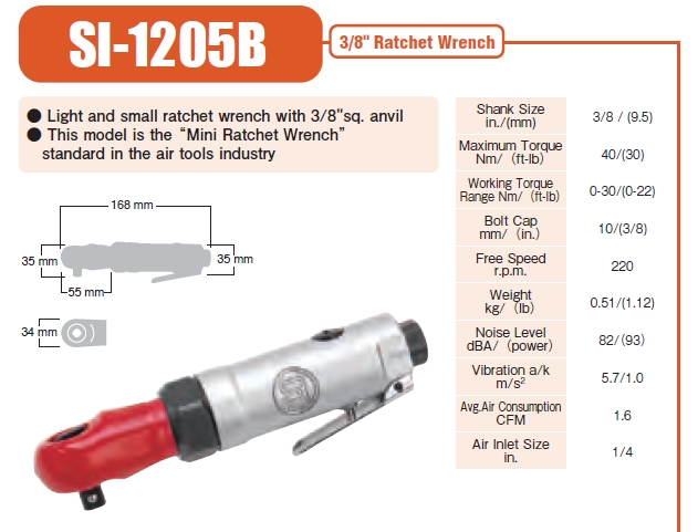 Shinano รุ่น SI-1205B ด้ามฟรีลม 3/8" รุ่นตัวสั้น RATCHET WRENCHES