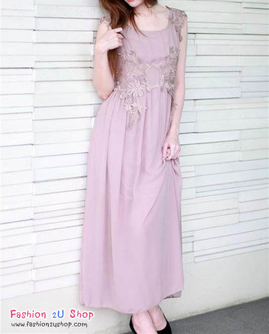 Maxi Dress ผ้าชีฟอง ปักลูกไม้ สีม่วงกะปิ