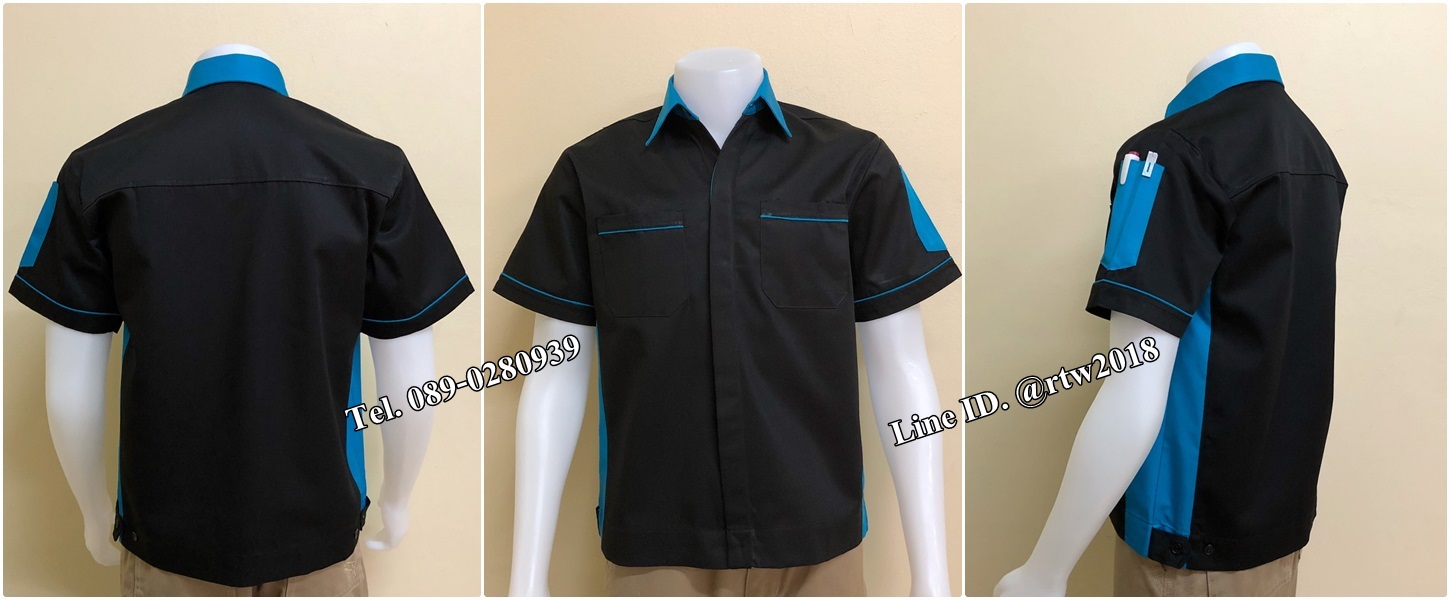 เสื้อช่างแขนสั้นแบบดำข้างฟ้ากระดุมซ่อนสาบ (รหัส A86)
