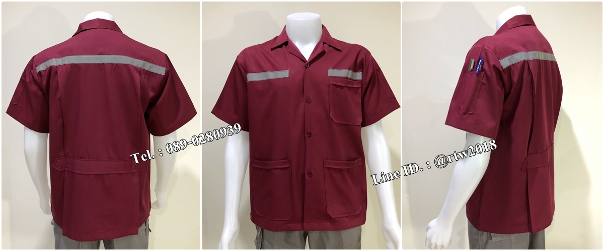 เสื้อช็อปแขนสั้นแบบสามกระเป๋าสีเลือดหมูติดสะท้อนแสง (รหัส A105)
