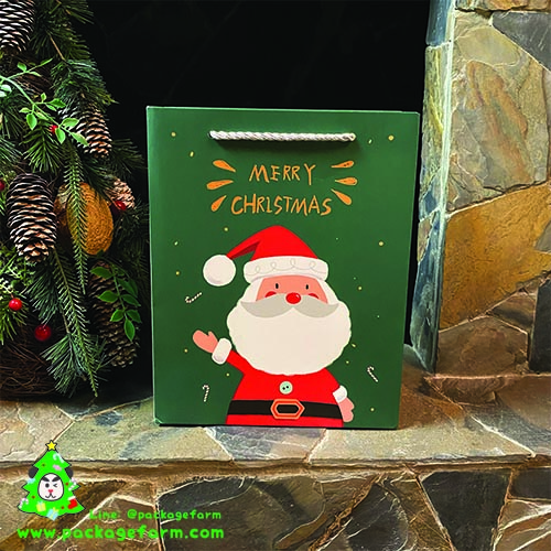 ถุงกระดาษแนวตั้ง หูเชือกสีเงิน ลาย Santa พื้นเขียว รหัส ST-06