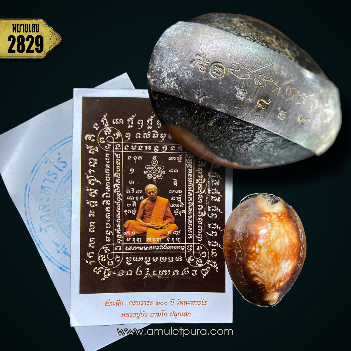 เบี้ยแก้พรายปรอท พิธี 9 ฤกษ์ 9 มงคล ครบ 200 ปี ปี54 วัดละหารไร่ จ.ระยอง จัดสร้างโดย มูลนิธิหลวงปู่ทิม (จารมืออุดผงพรายกุมาร คลุกรักชันโรงหลวงปู่ทิม วัดละหารไร่ พร้อมแผ่นตะกั่วจารมือ ตอกโค้ด หมายเลข 2829) หลวงปู่บัว,หลวงปู่คำบุ,หลวงพ่อสิน ปลุกเสก