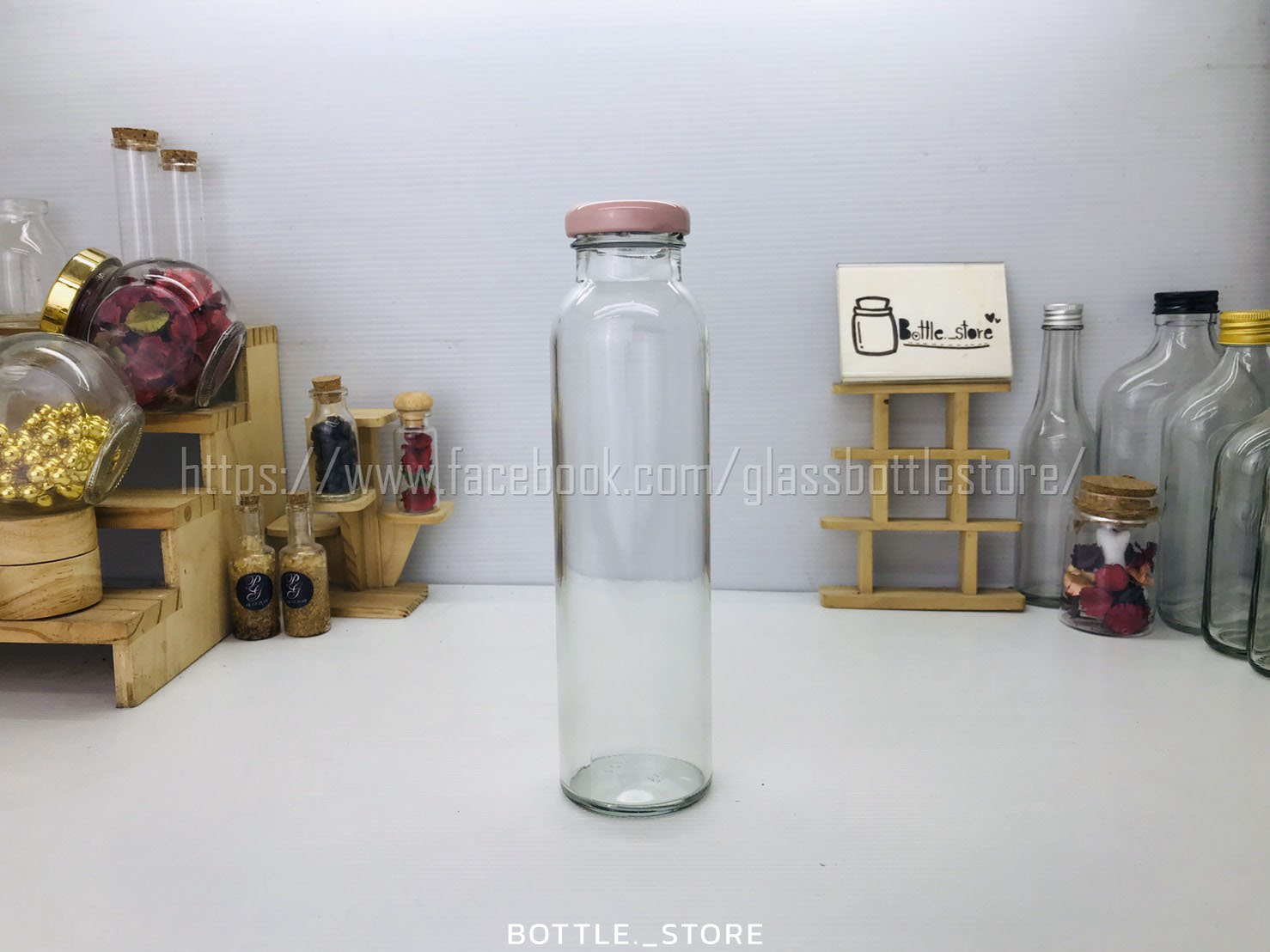 ขวดแก้ว น้ำผลไม้ทรงสูง 300ml ฝาเกลียวล็อคสีชมพู