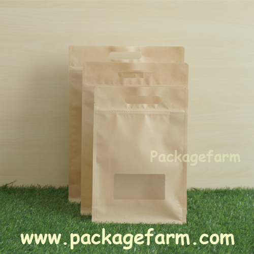 ซองซิปตั้ง+หิ้วได้ ก้นสี่เหลี่ยม กระดาษคราฟท์สีน้ำตาล แถบหน้าต่างใส