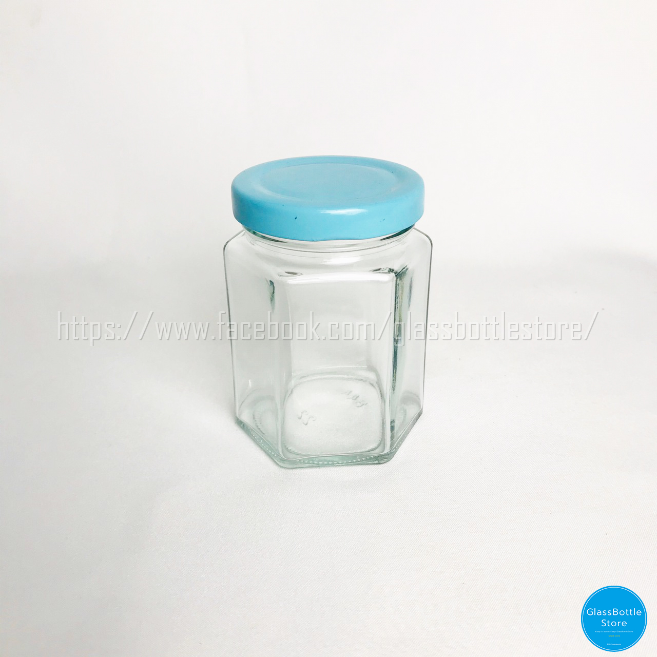 ขวดแก้ว หกเหลี่ยม 180ml ฝาเกลียวล็อคสีฟ้า