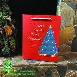 ถุงกระดาษแนวตั้ง หูเชือกสีเงิน ลาย Christmas Tree พื้นแดง รหัส ST-07