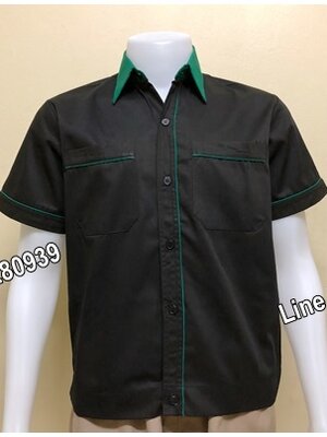 เสื้อช็อปแขนสั้นแบบดำกุ้นเขียวเข้ม (รหัส A37)