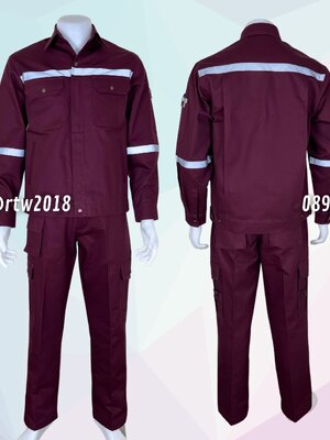 ชุดช่างแจ็คเก็ตแขนยาวผ้าเวสปอยท์ 4 กระเป๋าสีไวน์แดง (ติดสะท้อนแสง) กางเกงช่างผ้าเวสปอยท์ 7 กระเป๋าสีไวน์แดง