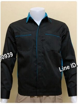 เสื้อช็อปแขนยาวผ้าคอมแบบดำข้างฟ้ากระดุมซ่อนสาบ (รหัส A72 )