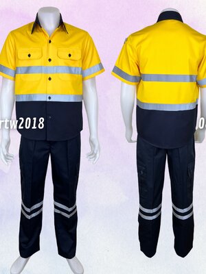ชุดช่างแขนสั้นผ้าคอมทวิว (กรมท่า/เหลือง) (ติดสะท้อนแสง) (รุ่น ลอนดอน) กางเกงช่างกระเป๋าแปะสีกรมท่าติดสะท้อนแสง 2 เส้น