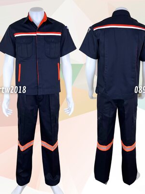 ชุดช่างแขนสั้นผ้าคอมทวิว 4 กระเป๋า สีกรมท่าแต่งส้มและขาว กางเกงช่างกระเป๋าแปะสีกรมท่า (5 กระเป๋า) ติดสะท้อนแสงสีส้ม+เงิน