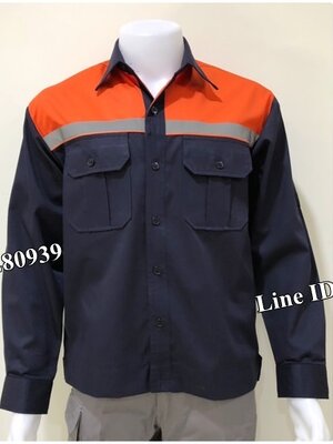 รหัส A99 : เสื้อช็อปแขนยาวผ้าคอมแบบกรมอกส้มกุ้นสะท้อนเทา