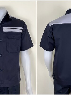 รหัส A19.3 : เสื้อช่างแขนสั้นผ้าคอมทวิวสีกรมท่าคาดอกเทาคู่