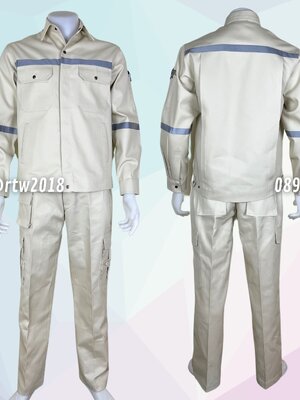 ชุดช่างแจ็คเก็ตแขนยาวผ้าเวสปอยท์ 4 กระเป๋าสีเบจครีม (ติดสะท้อนแสง) กางเกงช่างผ้าเวสปอยท์ 7 กระเป๋าสีเบจครีม