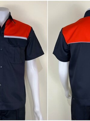 รหัส A20.2 : เสื้อช่างแขนสั้นผ้าคอมทวิวสีกรมท่าอกส้มแต่งเทา