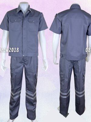 ชุดช่างแขนสั้นผ้าคอมทวิว 2 กระเป๋าสีเทา (สาบใหญ่) กางเกงช่างกระเป๋าแปะสีกรมท่าติดสะท้อนแสง 2 เส้น