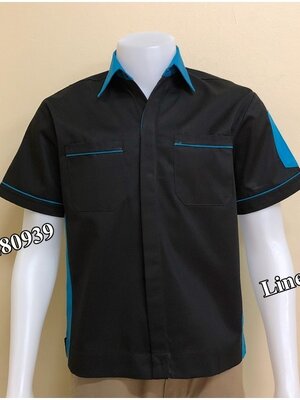 เสื้อช่างแขนสั้นแบบดำข้างฟ้ากระดุมซ่อนสาบ (รหัส A86)
