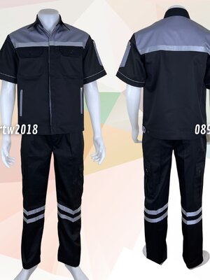 ชุดช่างแขนสั้นผ้าคอมทวิว 4 กระเป๋า สีดำอกเทา (ติดสะท้อนแสง) กางเกงช่างกระเป๋าแปะสีดำ (5 กระเป๋า) ติดสะท้อนแสง 2 เส้น