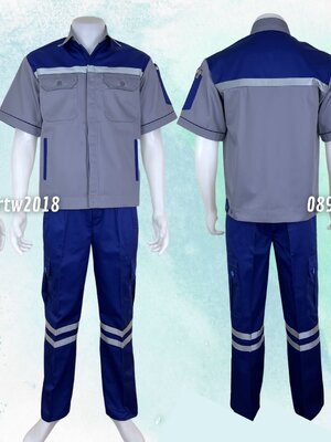 ชุดช่างแขนสั้นผ้าคอมทวิว 4 กระเป๋า สีเทาอกน้ำเงิน (ติดสะท้อนแสง) กางเกงช่างกระเป๋าแปะสีน้ำเงินติดสะท้อนแสง 2 เส้น