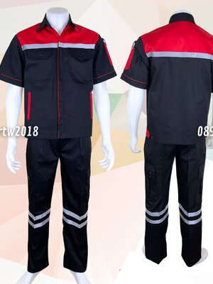 ชุดช่างแขนสั้นผ้าคอมทวิว 4 กระเป๋า สีดำอกแดง (ติดสะท้อนแสง) กางเกงช่างกระเป๋าแปะสีดำ (5 กระเป๋า) ติดสะท้อนแสง 2 เส้น