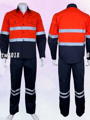 ชุดช่างแขนยาวผ้าคอมทวิว (กรมท่า/ส้ม) (ติดสะท้อนแสง) (รุ่น ลอนดอน) กางเกงช่างกระเป๋าแปะสีกรมท่าติดสะท้อนแสง 2 เส้น